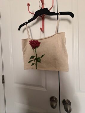 Commense Beige Tank Top with Red Rose Graphic